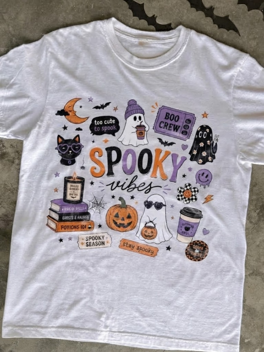 White "Spooky Vibes" Halloween Tee with Orange & Purple Graphics